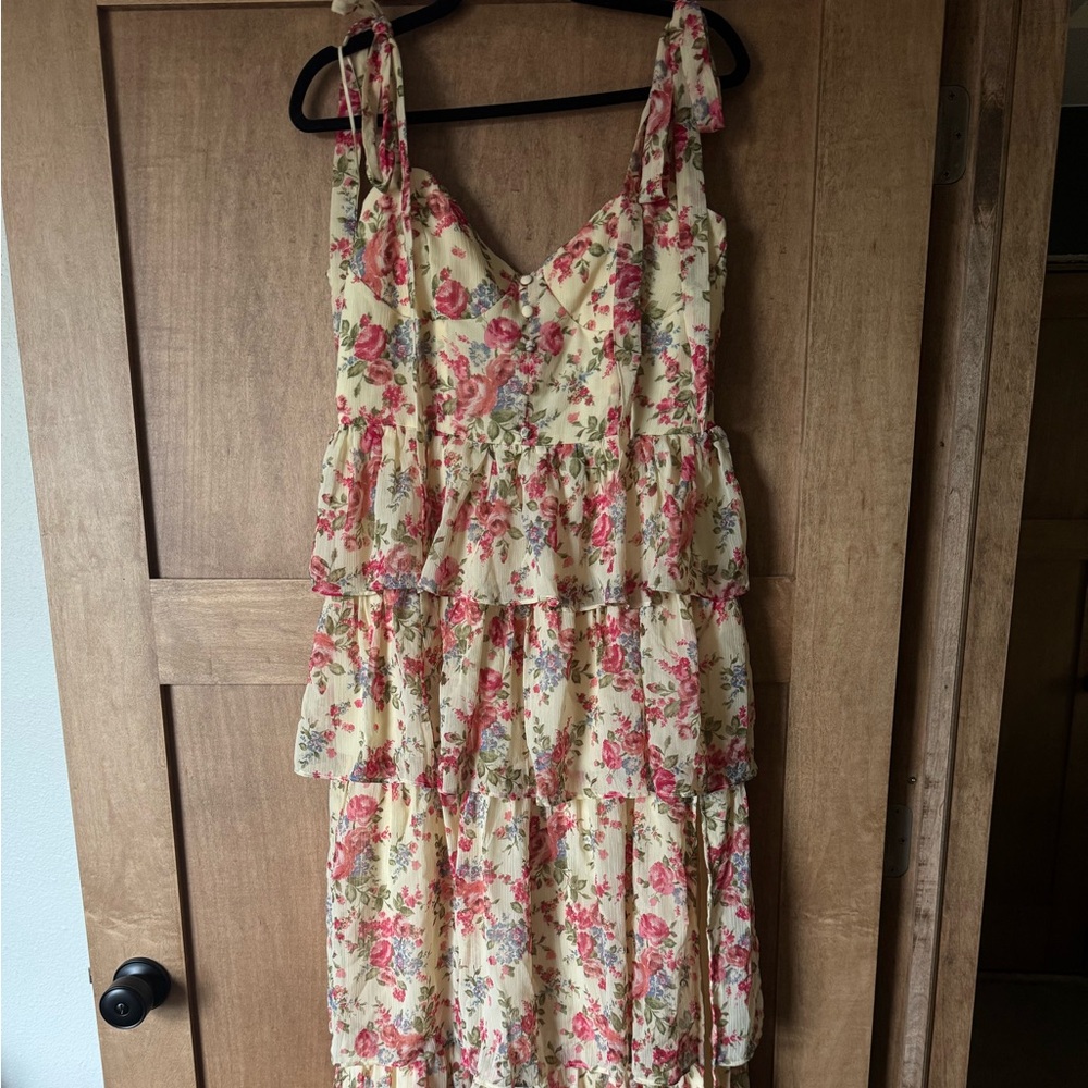 Altar’d State Floral Tiered Maxi Dress in Cream and Pink